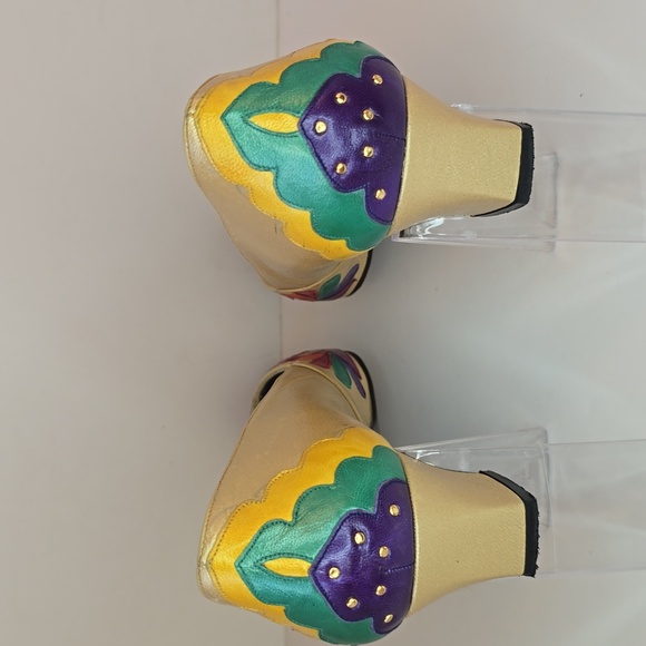 Vintage 1980's Margaret Jerrold Leather Pumps Gold-Multi Artsy Deco - Picture 6 of 10